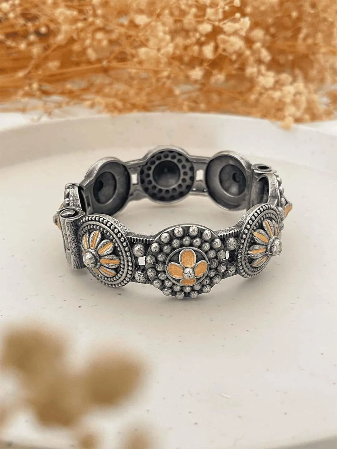 Pranutan Bahl In Oxidised Tribal Bangle With Flowers