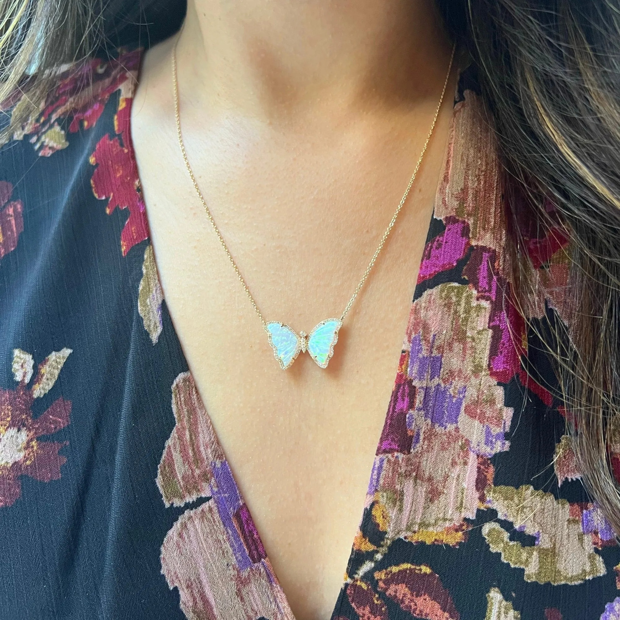 Prism Opal Butterfly Necklace With Diamonds