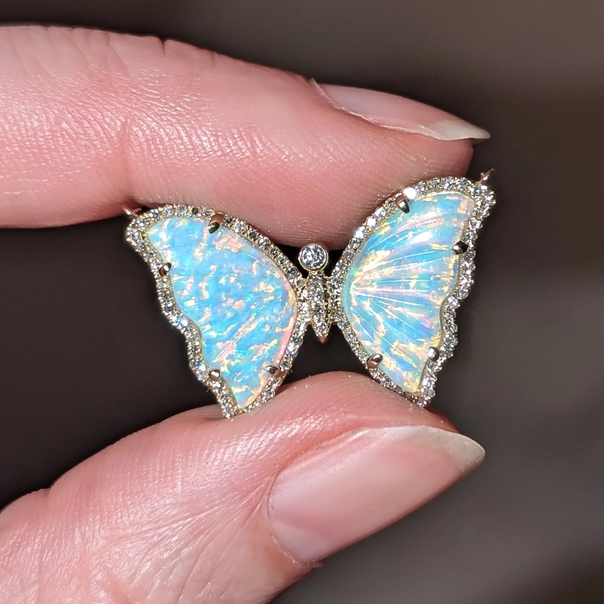 Prism Opal Butterfly Necklace With Diamonds