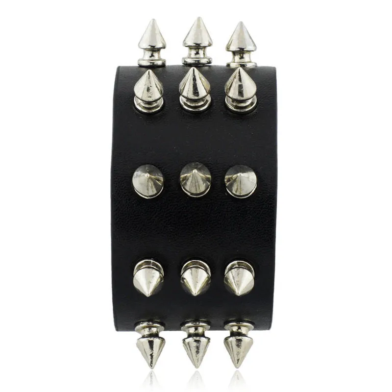 Punk Gothic Rock Three Row Metal Cone Stud Spikes Rivet Leather Wristband Bangle Wide Cuff Bracelet