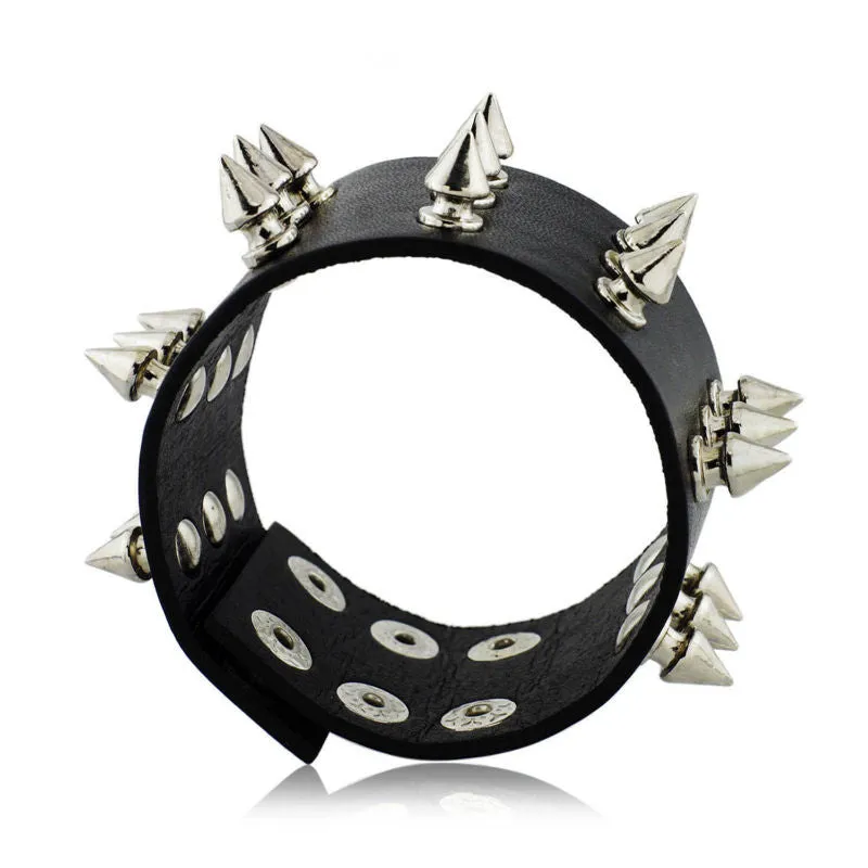 Punk Gothic Rock Three Row Metal Cone Stud Spikes Rivet Leather Wristband Bangle Wide Cuff Bracelet