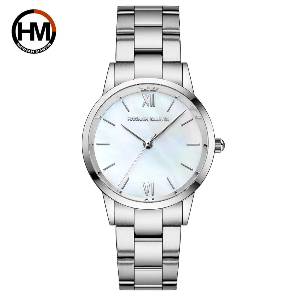 Quartz Pearl Oyster Jade Stone White Shell Waterproof Ladies Full Stainless Steel Classic Wrist Watches for Women