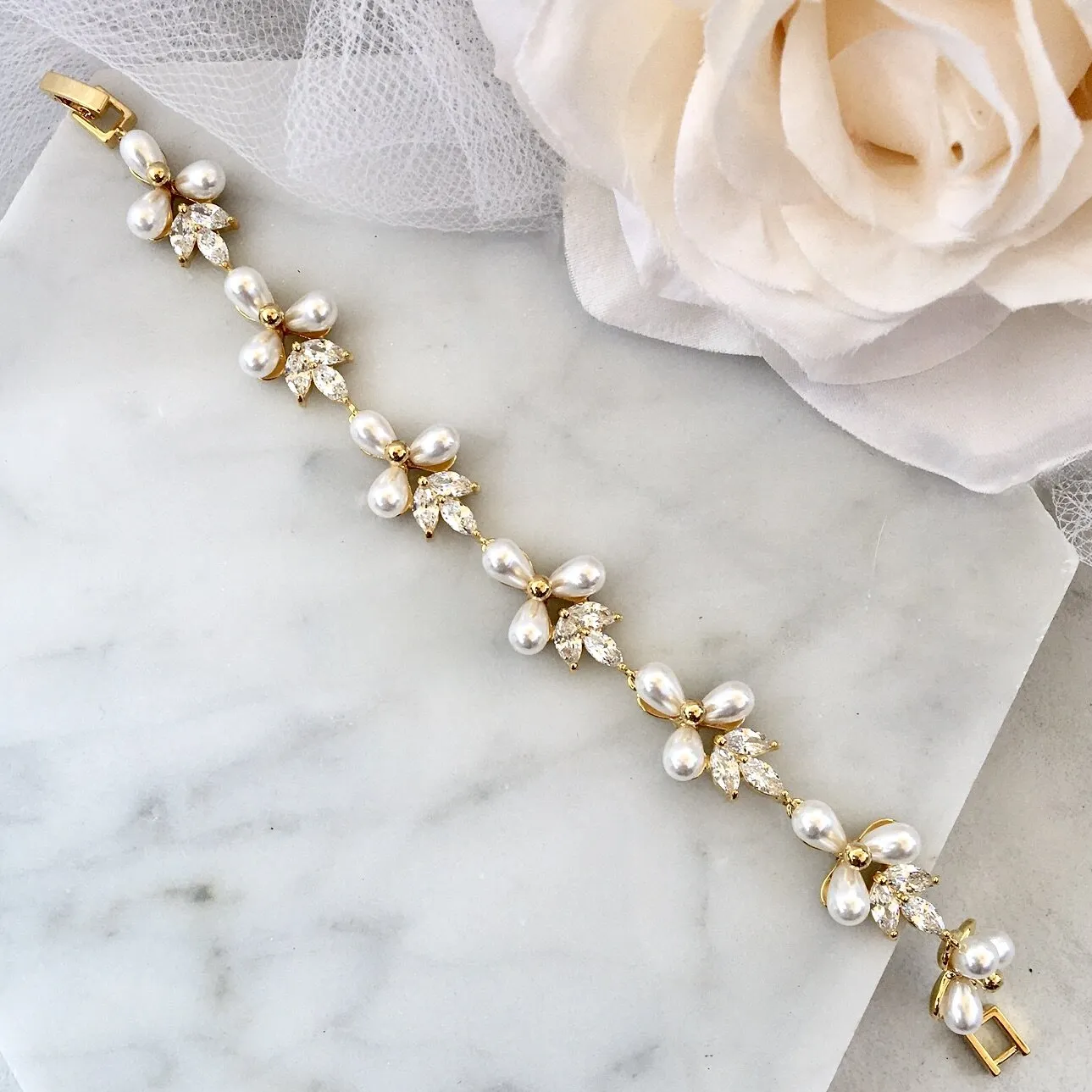 "Adonna" - Pearl and Cubic Zirconia Bridal Bracelet - Available in Silver and Gold