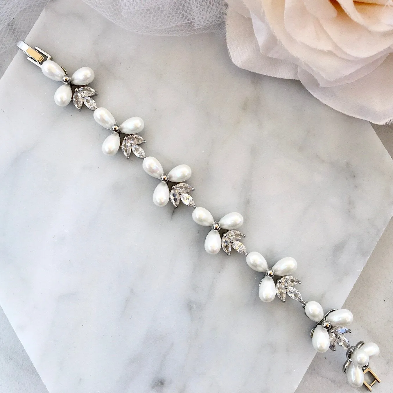 "Adonna" - Pearl and Cubic Zirconia Bridal Bracelet - Available in Silver and Gold