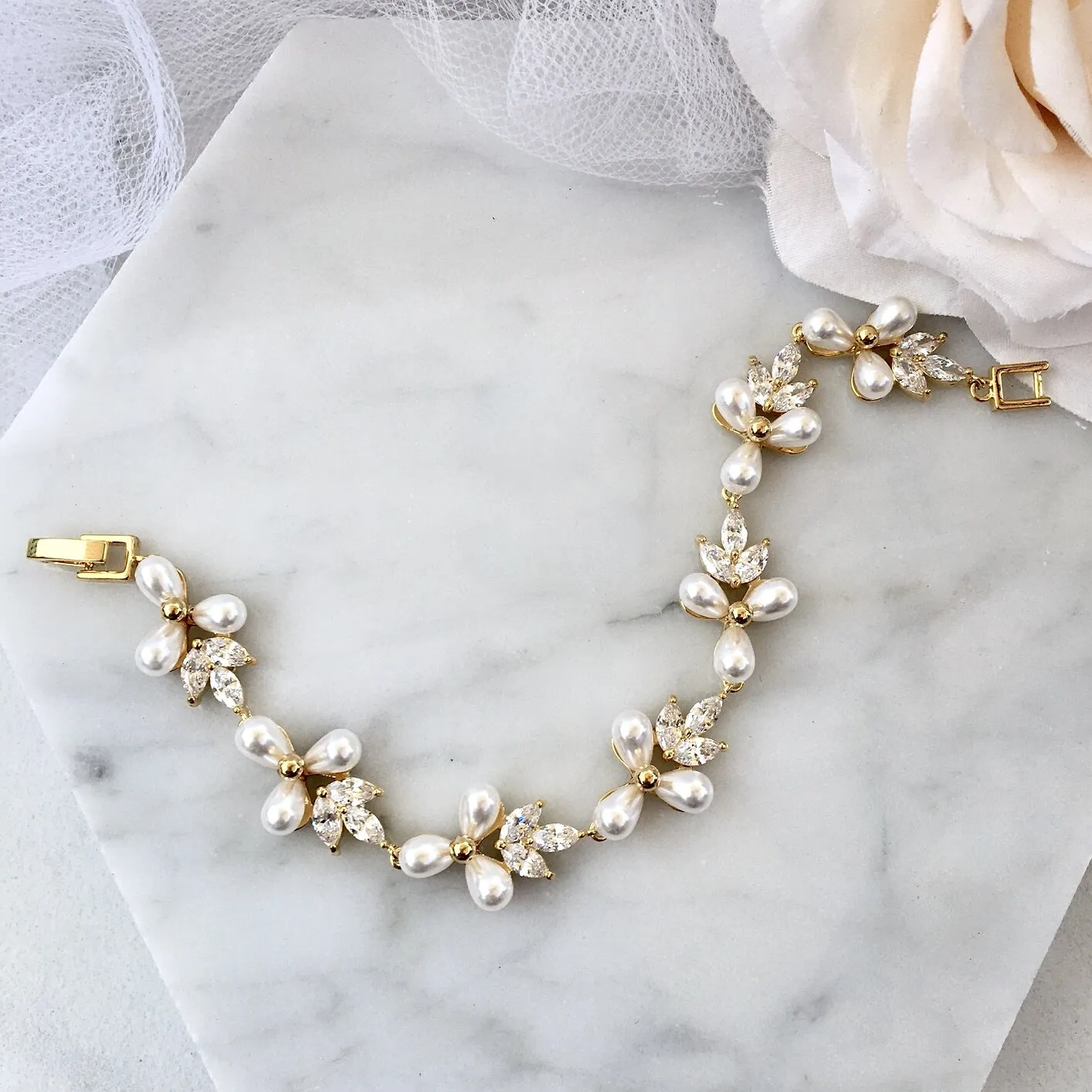 "Adonna" - Pearl and Cubic Zirconia Bridal Bracelet - Available in Silver and Gold