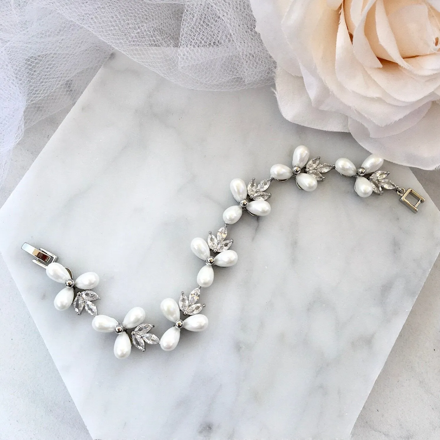 "Adonna" - Pearl and Cubic Zirconia Bridal Bracelet - Available in Silver and Gold