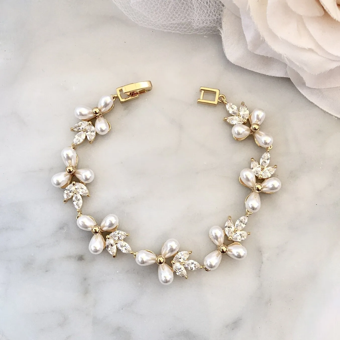 "Adonna" - Pearl and Cubic Zirconia Bridal Bracelet - Available in Silver and Gold