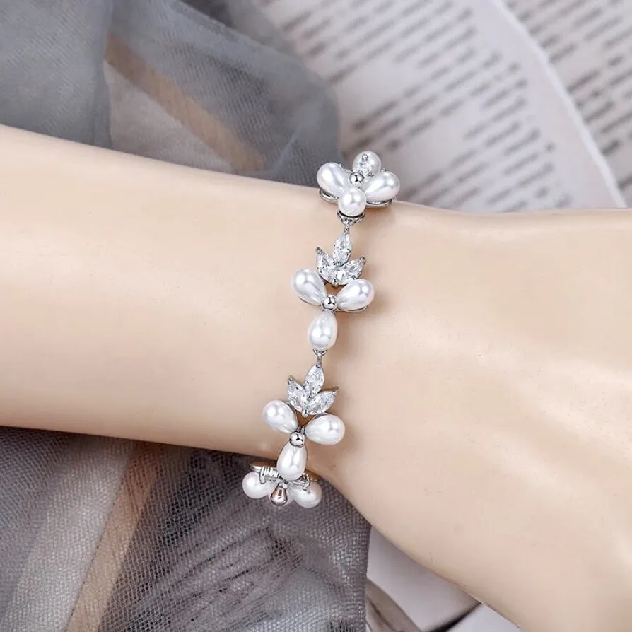 "Adonna" - Pearl and Cubic Zirconia Bridal Bracelet - Available in Silver and Gold