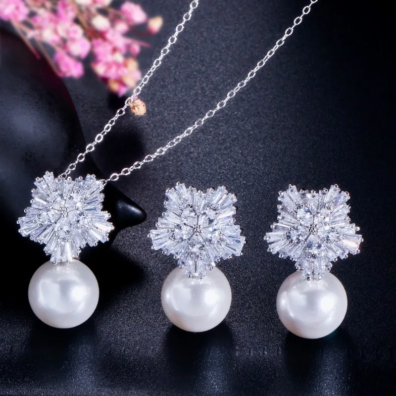 "Alba" - Pearl and Cubic Zirconia Snowflake Bridal Jewelry Set - More Colors