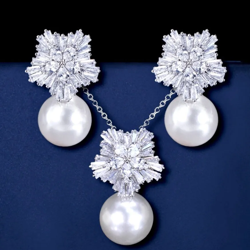 "Alba" - Pearl and Cubic Zirconia Snowflake Bridal Jewelry Set - More Colors