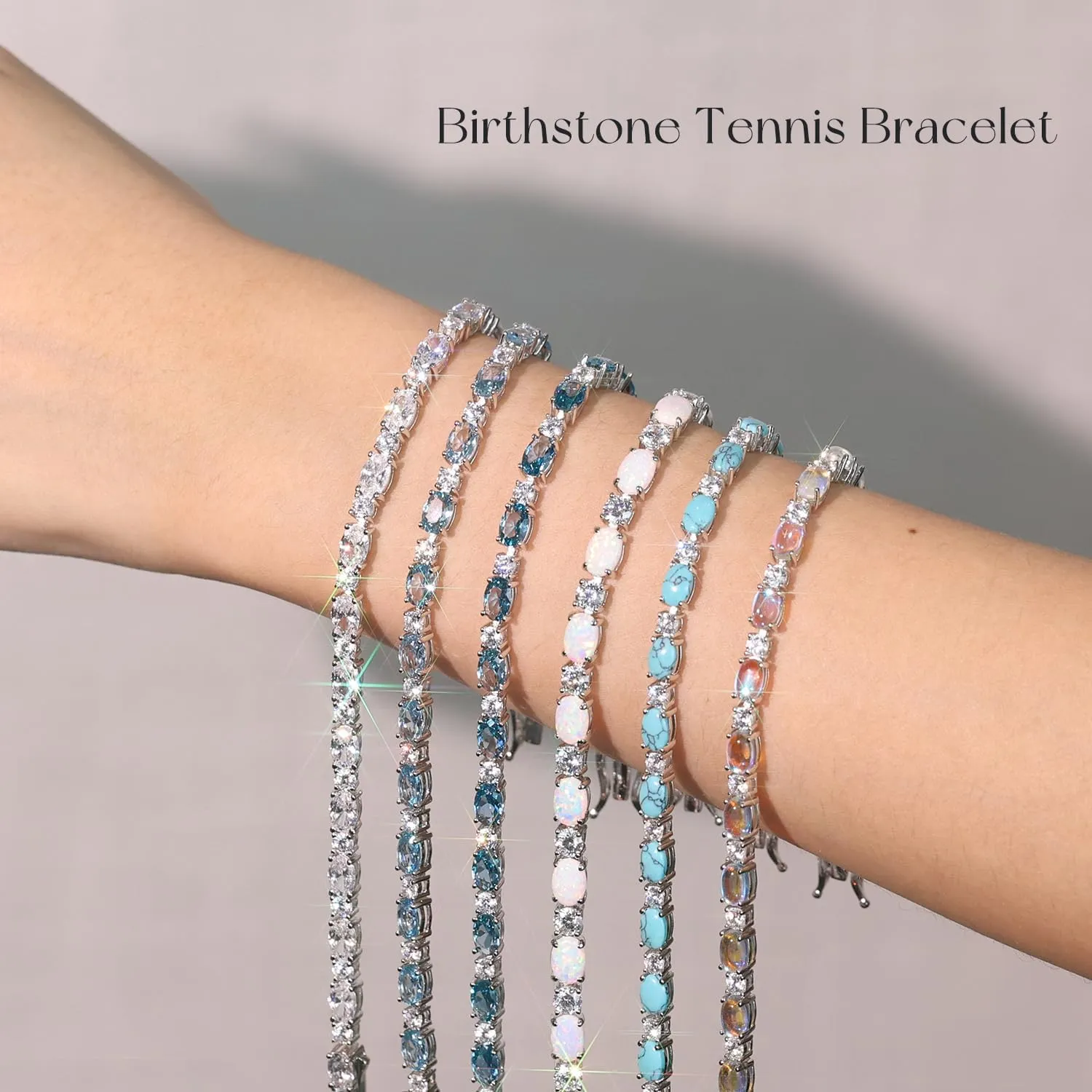 "Glamour Radiance" October Birthstone Fancy Cut Tennis White Opal Sterling Silver Bracelet