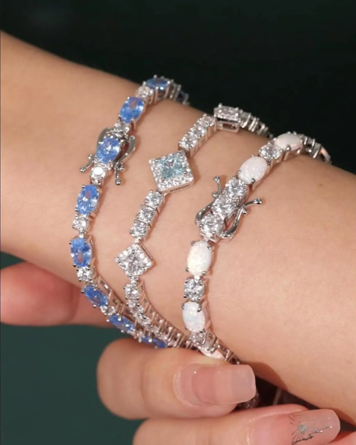 "Glamour Radiance" October Birthstone Fancy Cut Tennis White Opal Sterling Silver Bracelet