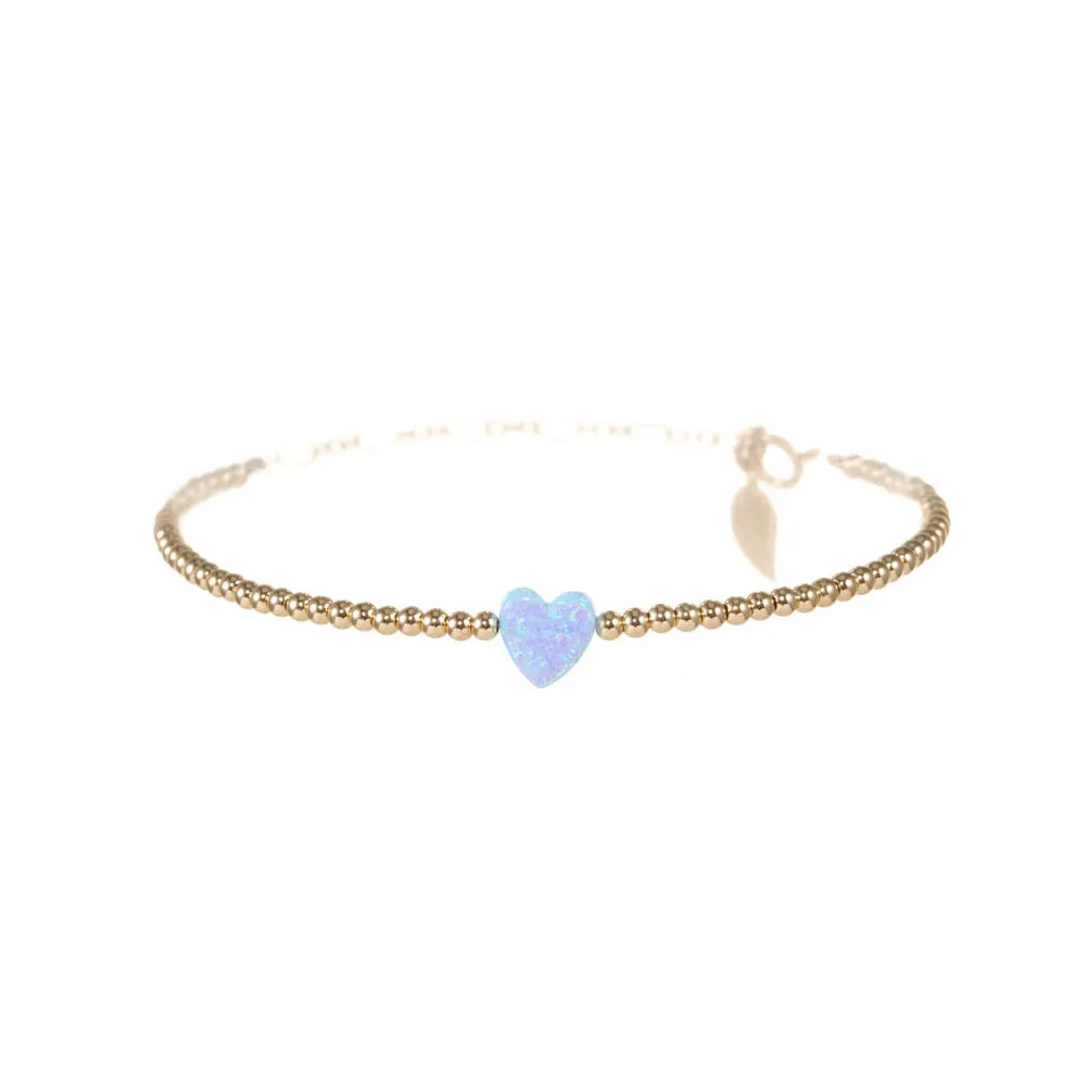 "SINGLE OPAL HEART" Small Charm and Gold Filled Ball Beaded Bracelet