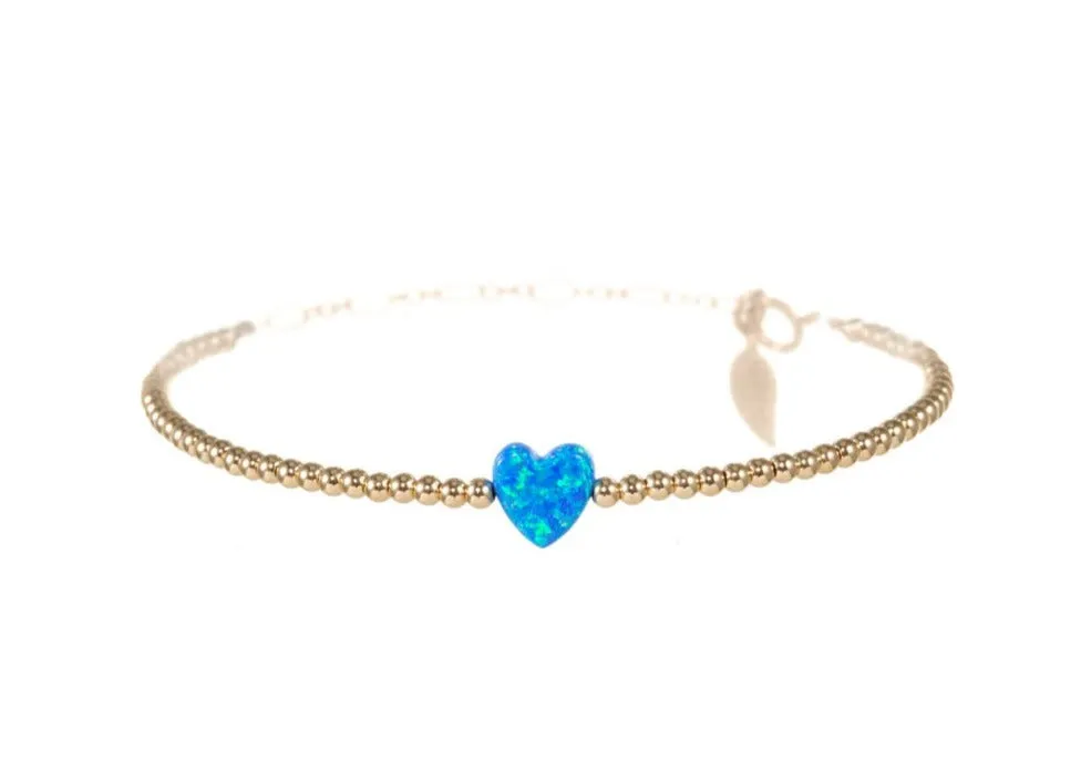 "SINGLE OPAL HEART" Small Charm and Gold Filled Ball Beaded Bracelet