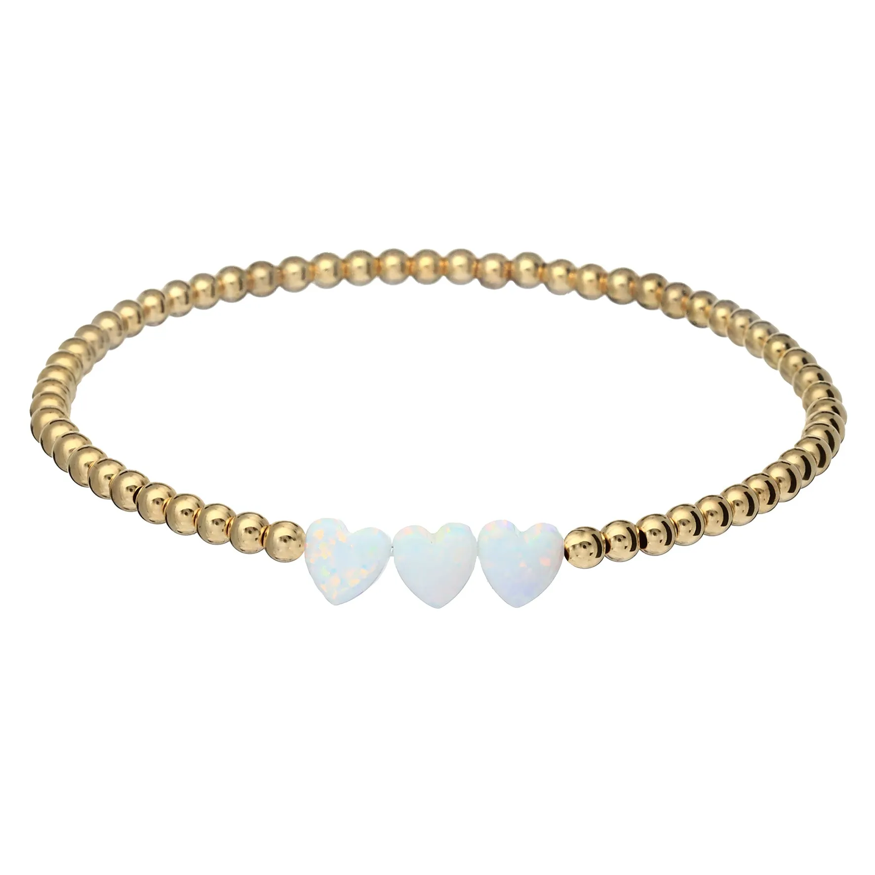 "TRIPLE OPAL HEART" Charm and Gold Filled Ball Beaded Bracelet