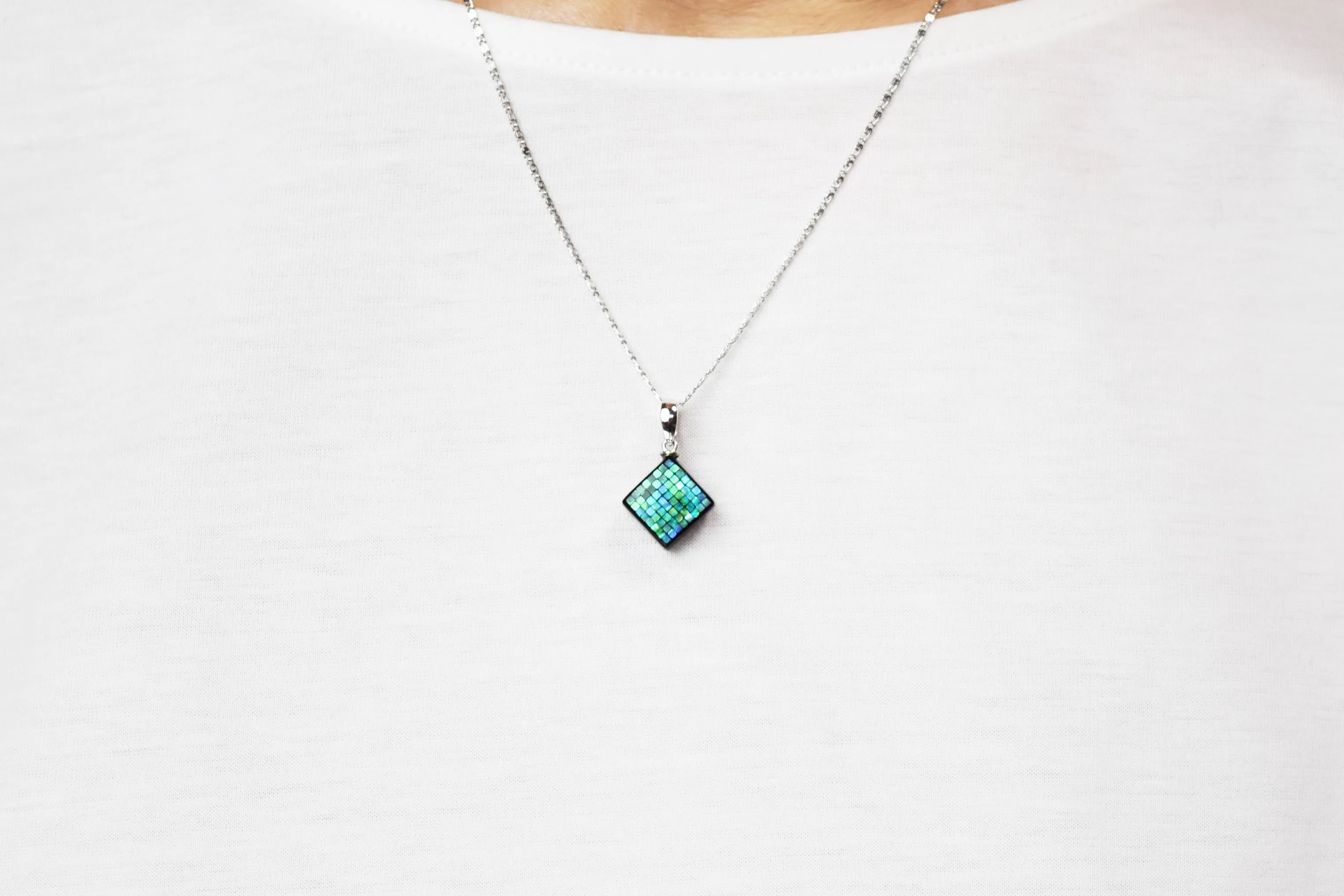 Raden Pendant Necklace - Square / Green Color / Small Size-, Japanese Lacquer Jewelry, Kyoto Jewelry