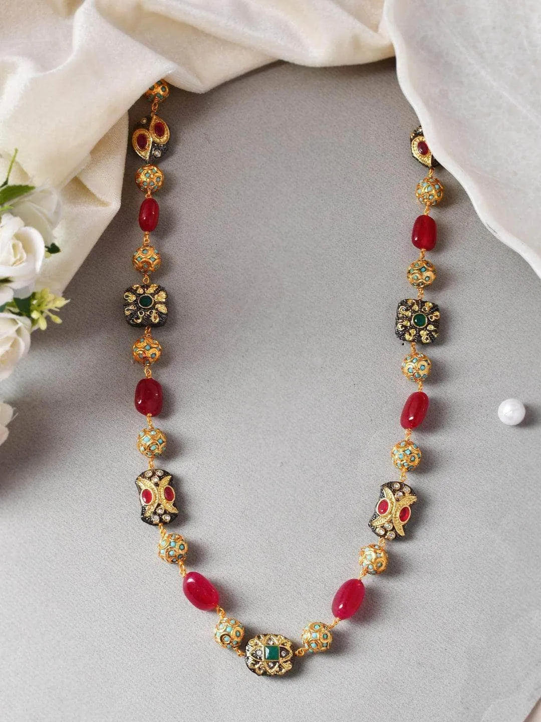 Red Coloured Victorian Semi Precious Single Line Necklace