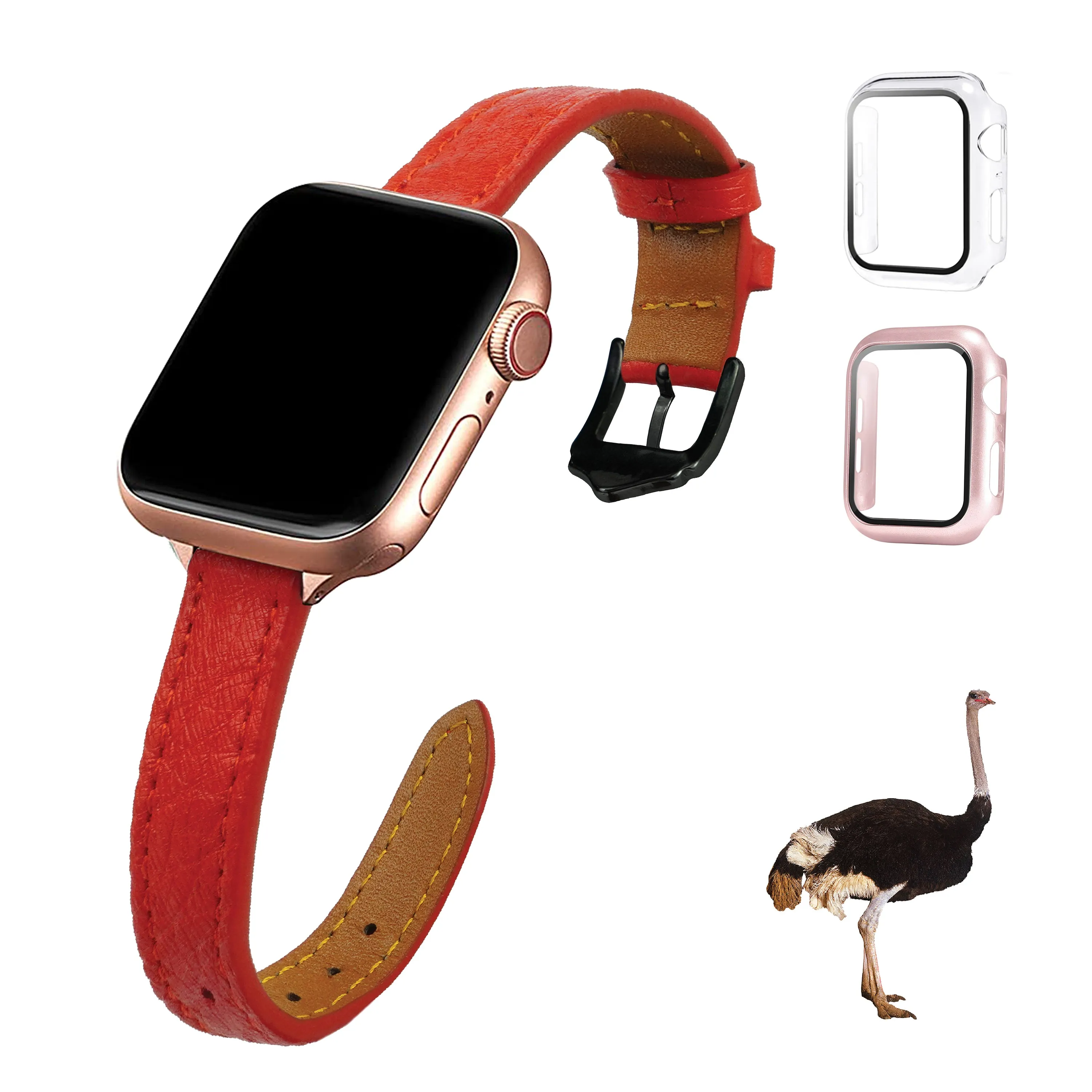 Red Flat Ostrich Leather Band Compatible Apple Watch Iwatch 41mm Screen Protector Case Black Adapter Replacement Strap For Smartwatch Series 7 8 Leather Handmade AW-190B-W-41MM