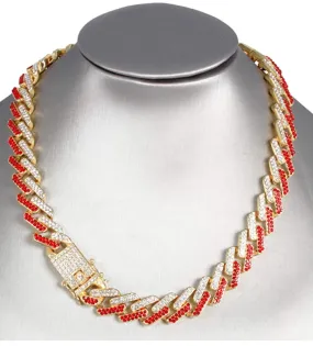 Red Simulated Diamond Cuban Link Chain Set Spike Necklace 24in.