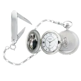 Rhodium Finish Large Pocket Watch W/Photo Lid Knife & Chain Set