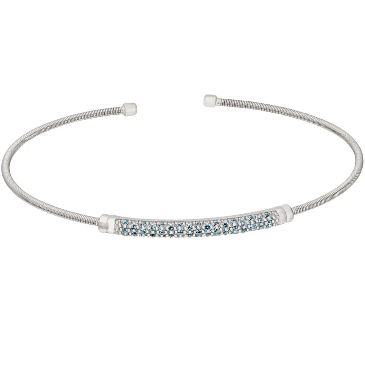 Rhodium Finish Sterling Silver Cable Cuff Bracelet with Three Rows of Simulated Aquamarine Birth Gems - March