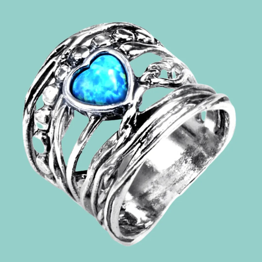 Rings, Israel silver ring. Silver Ring for woman set with a blue opal heart.