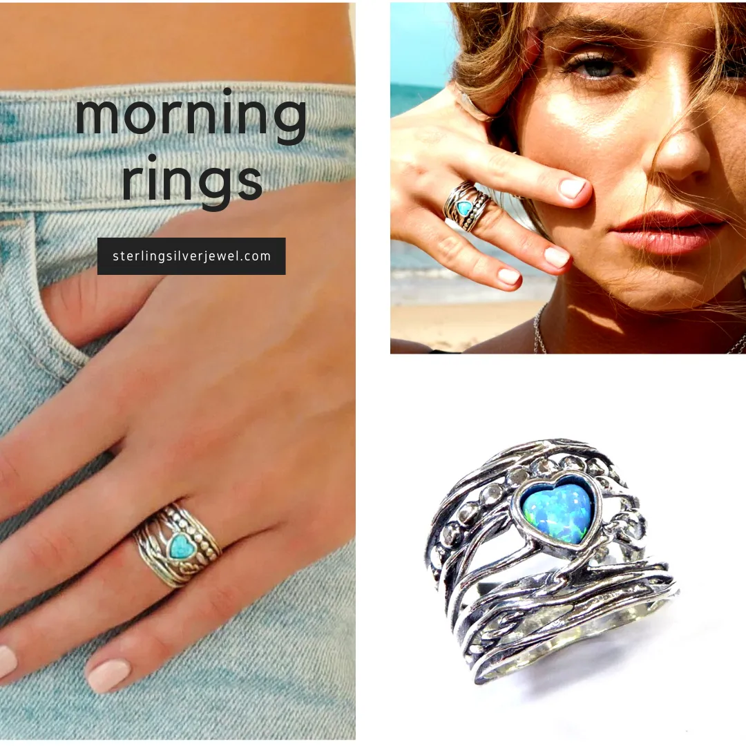 Rings, Israel silver ring. Silver Ring for woman set with a blue opal heart.