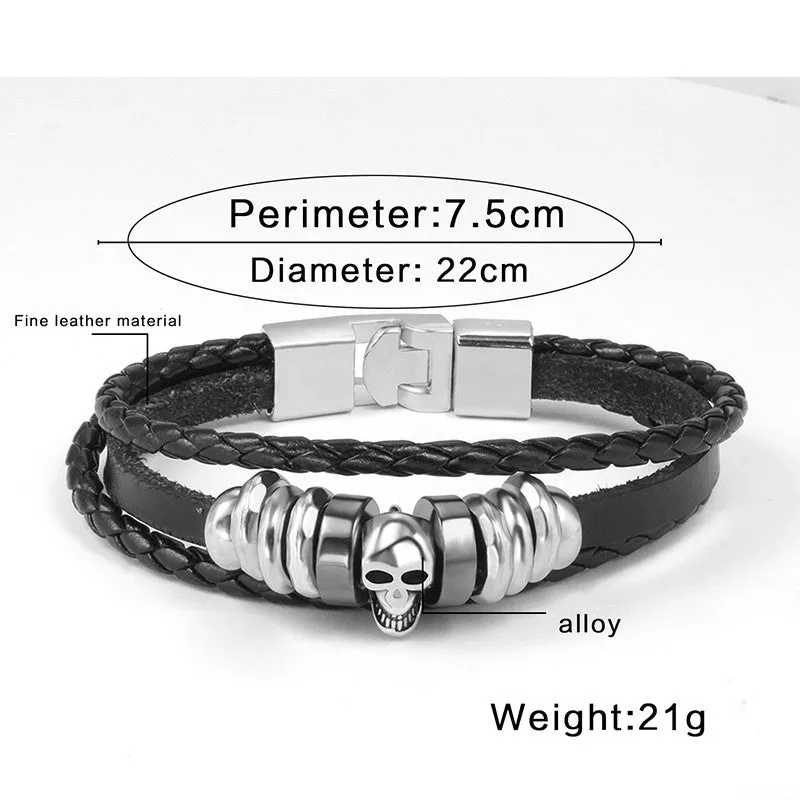 Rock Punk Men Leather Bracelet High Quality Skull Charms Bracelets &Bangles 8.5inches Bracelets