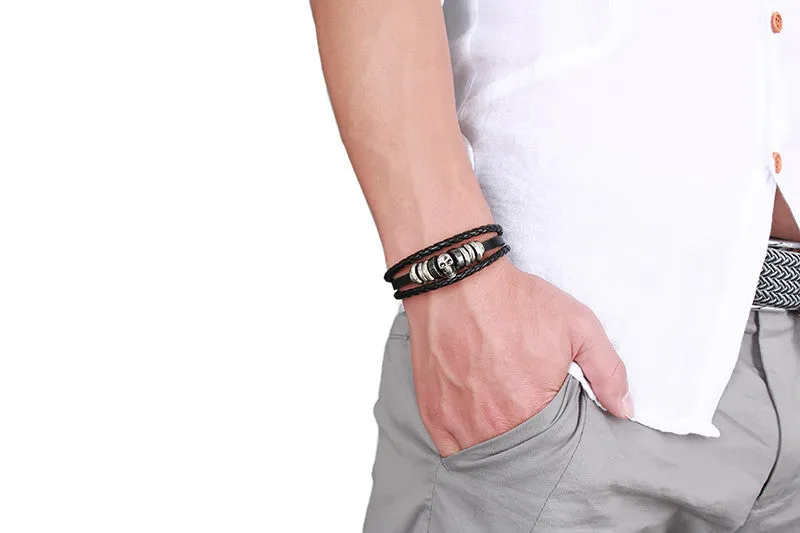 Rock Punk Men Leather Bracelet High Quality Skull Charms Bracelets &Bangles 8.5inches Bracelets