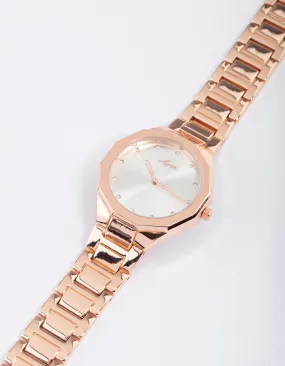 Rose Gold Diamante Hexagon Face Watch