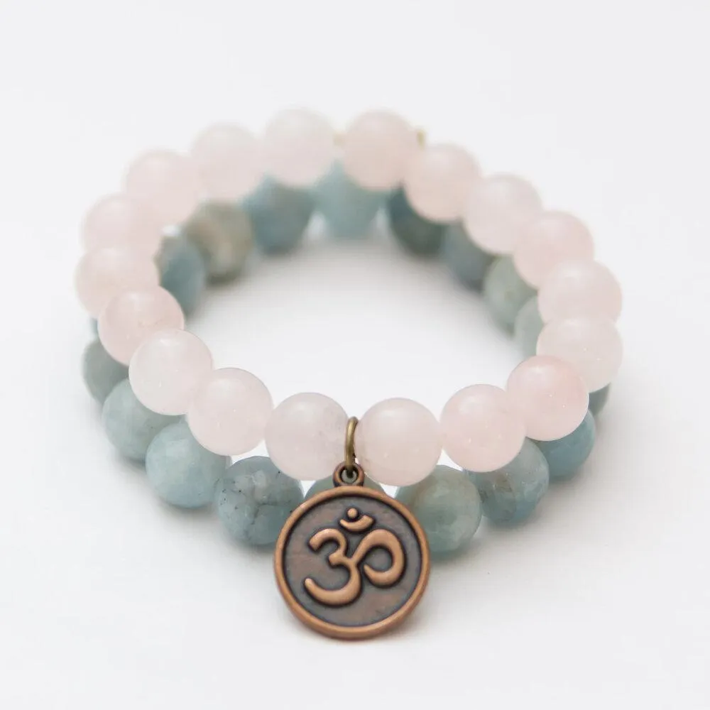 Rose Quartz Crystal Bracelet Stack | Brass Om Charm   Aquamarine