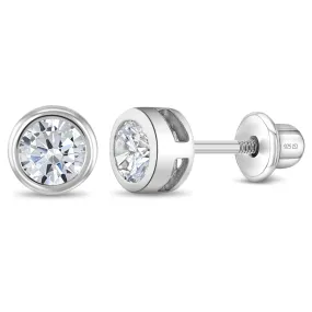 Round Bezel CZ Clear 5mm Baby / Toddler / Kids Earrings Screw Back - Sterling Silver