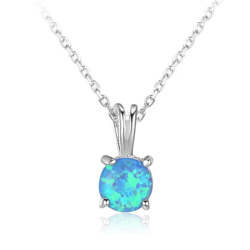 Round Blue Opal Sterling Silver Necklace