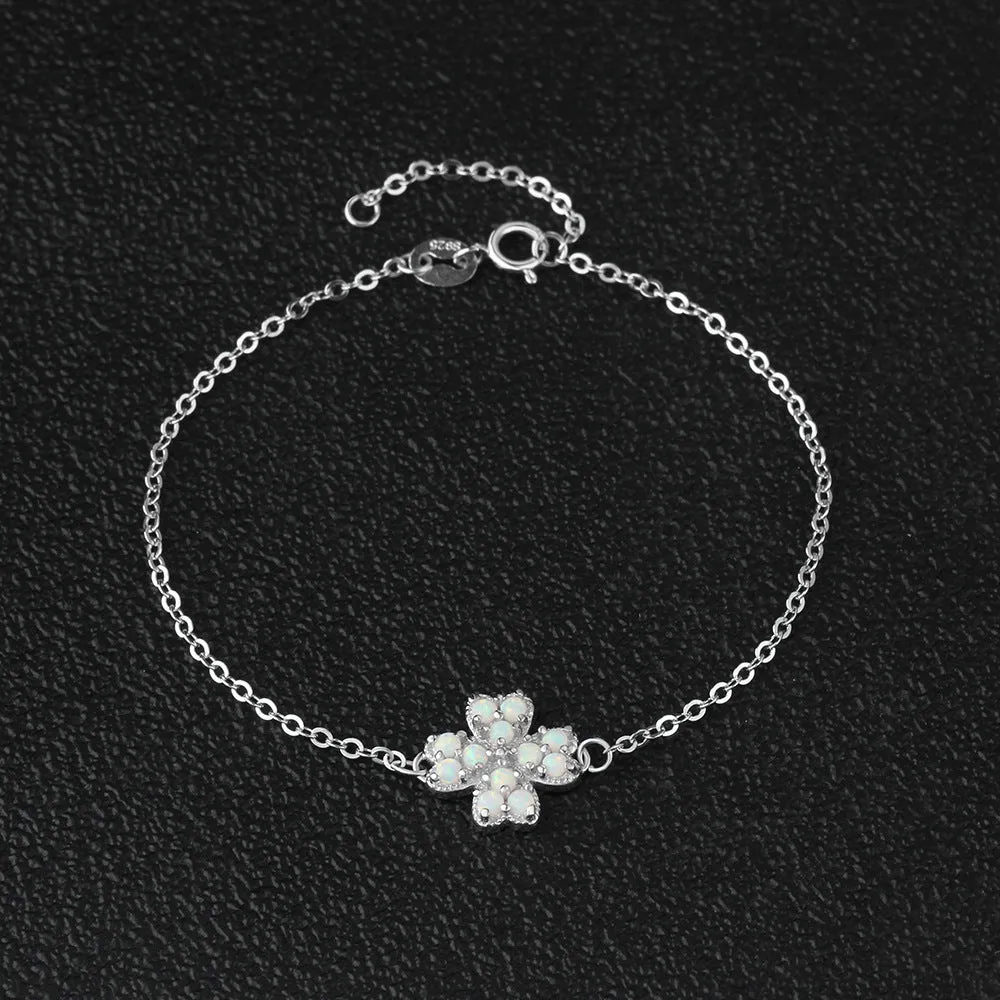 Round Opal Four Leaf Clover Sterling Silver Bracelet