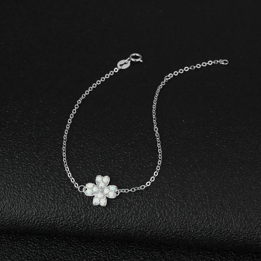 Round Opal Four Leaf Clover Sterling Silver Bracelet