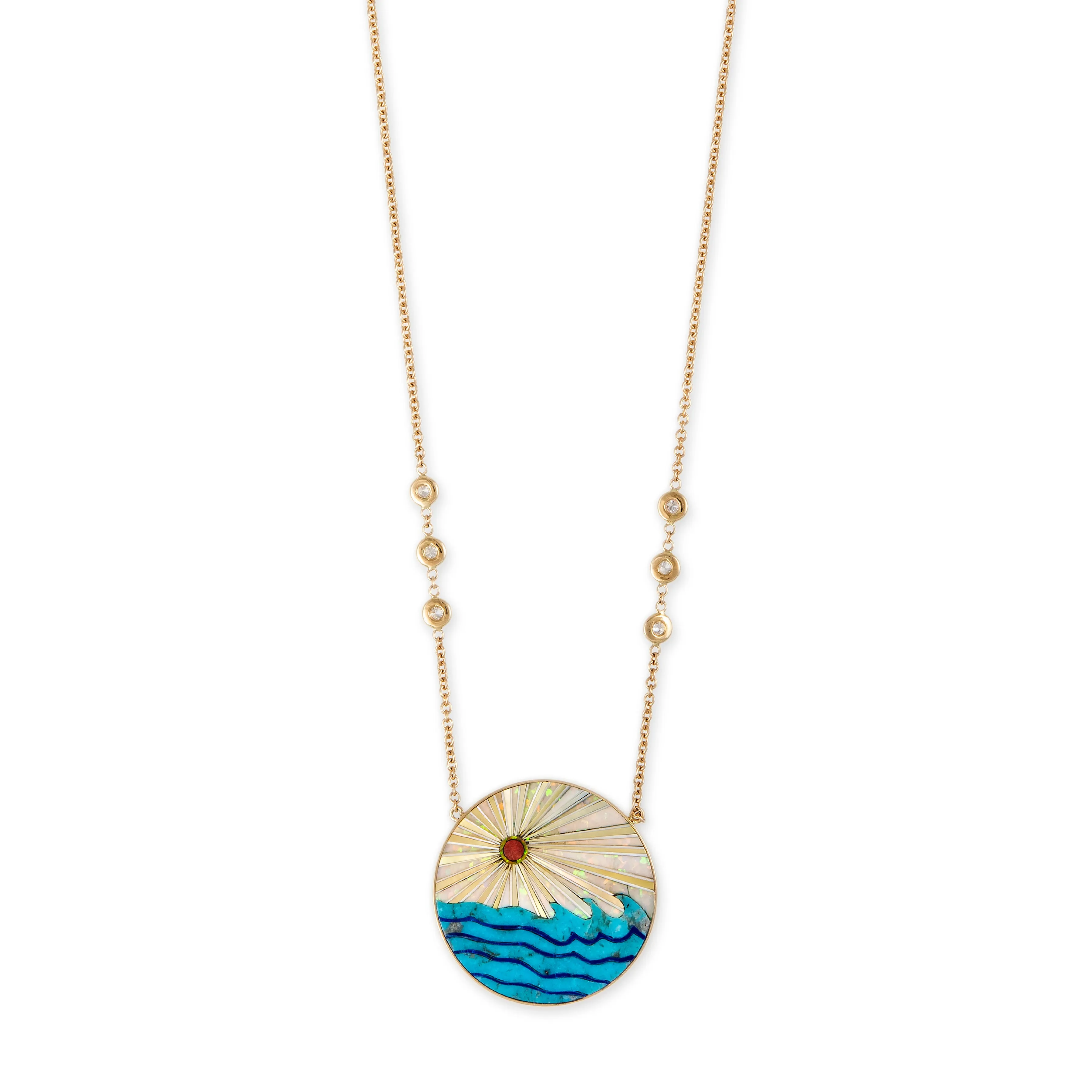 ROUND OPAL RAYS   TURQUOISE WAVES INLAY NECKLACE