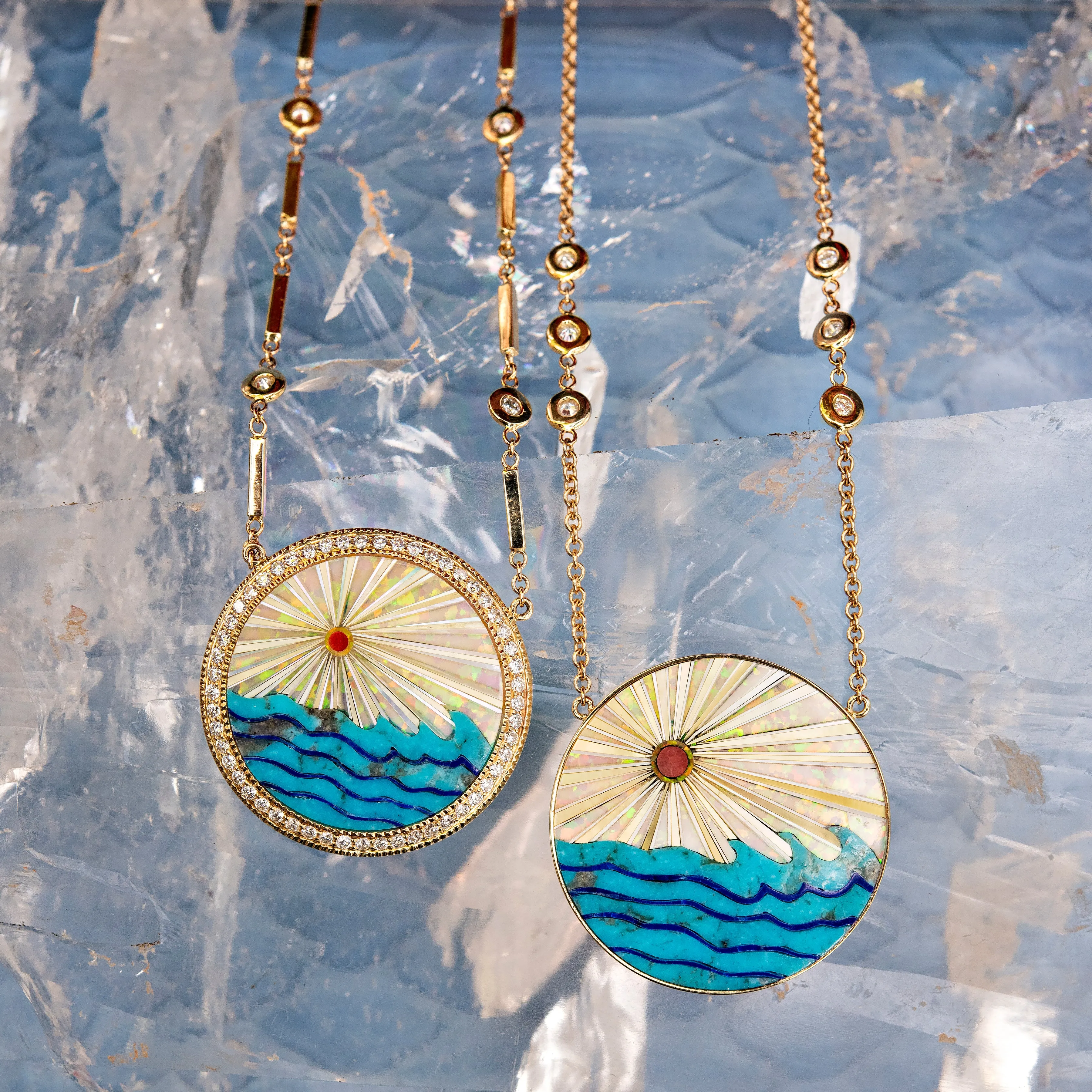 ROUND OPAL RAYS   TURQUOISE WAVES INLAY NECKLACE