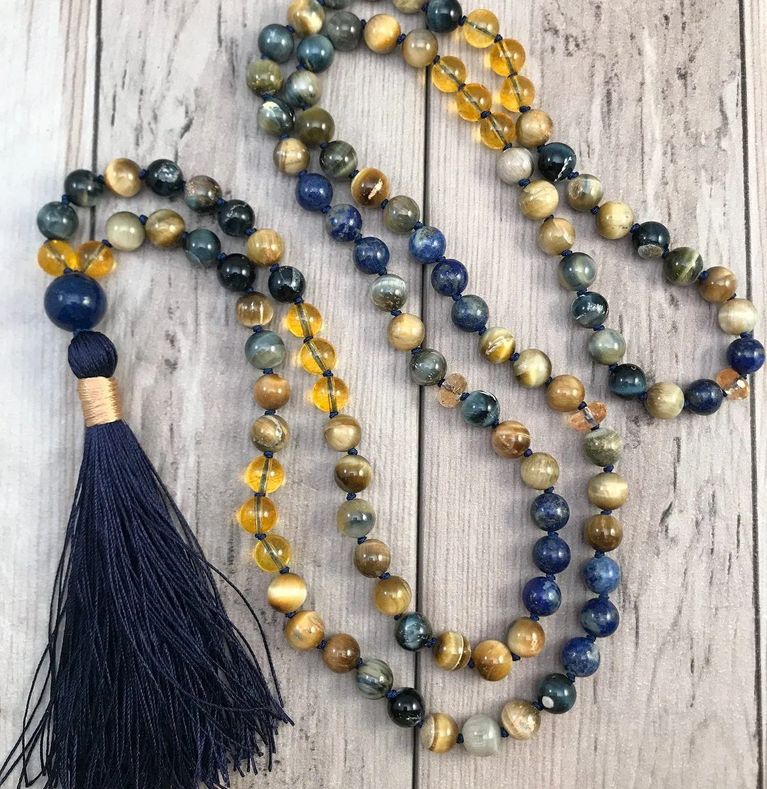 SALE - Honey Mustard, Blue Tiger Eye, Lapis Lazuli in 108 Mala Necklace