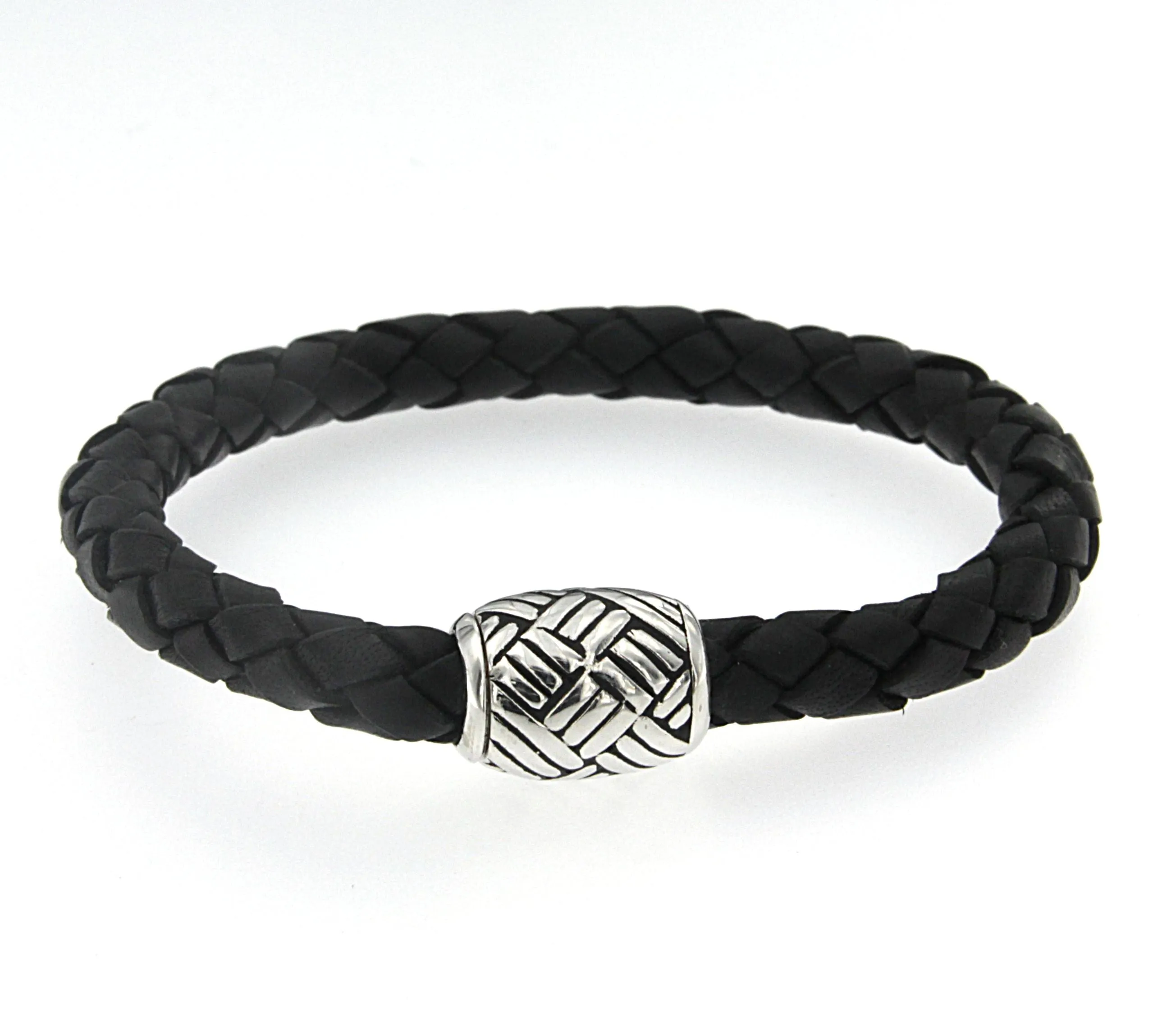 Samuel B. Sterling Silver Men's Black Leather Bracelet with Woven Design Clasp (93412)