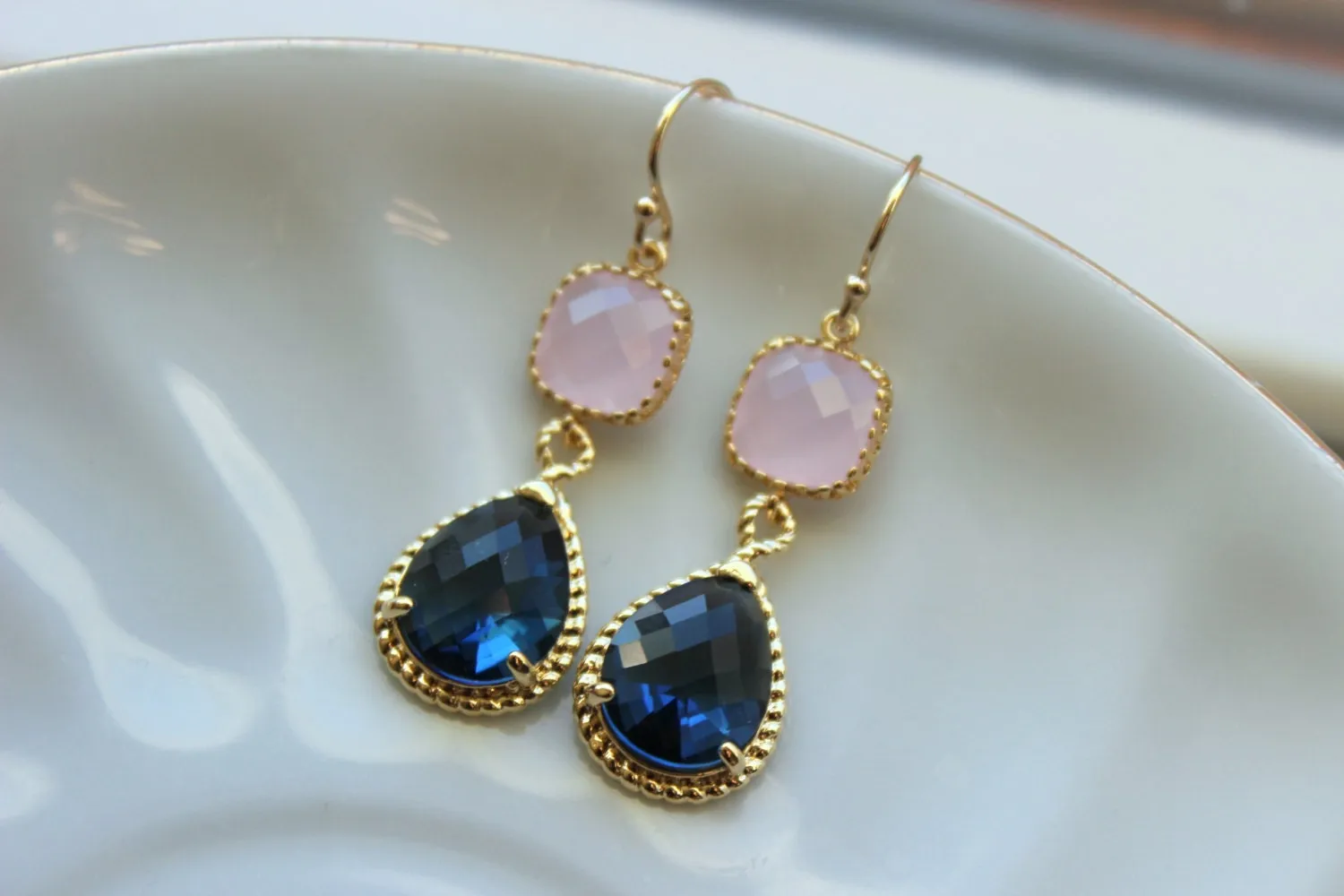 Sapphire Blue Pink Opal Earrings Gold Blush Pink Navy Earrings Teardrop Glass 14k Gold Filled Earwires - Bridesmaid Earrings Wedding Jewelry