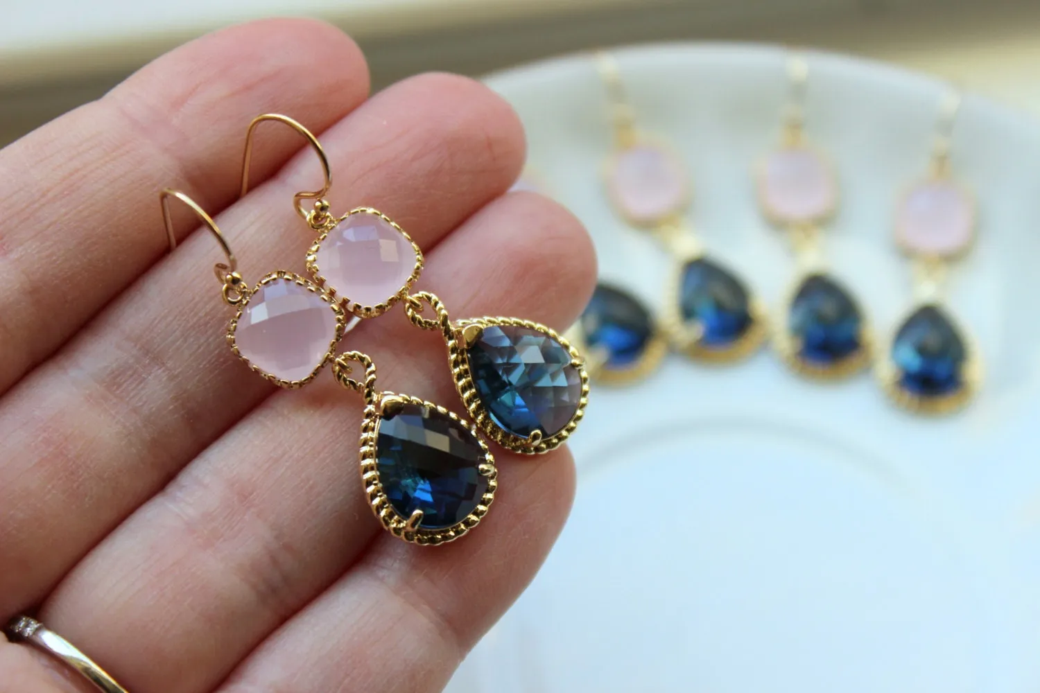 Sapphire Blue Pink Opal Earrings Gold Blush Pink Navy Earrings Teardrop Glass 14k Gold Filled Earwires - Bridesmaid Earrings Wedding Jewelry