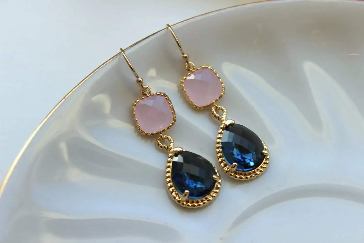 Sapphire Blue Pink Opal Earrings Gold Blush Pink Navy Earrings Teardrop Glass 14k Gold Filled Earwires - Bridesmaid Earrings Wedding Jewelry