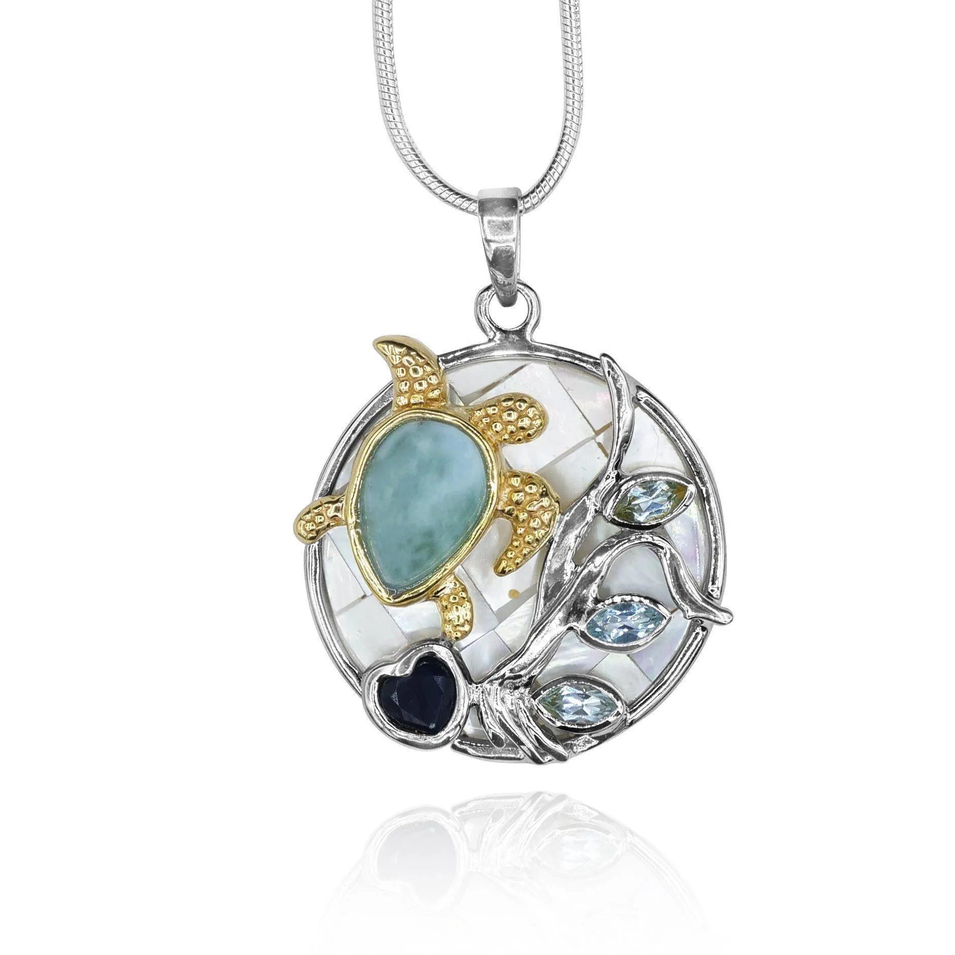 Sea Turtle Necklace with Larimar, Lapis Lazuli, Blue Topaz