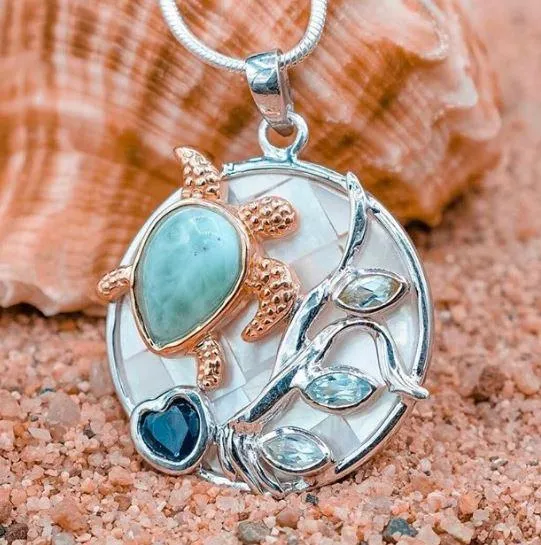 Sea Turtle Necklace with Larimar, Lapis Lazuli, Blue Topaz