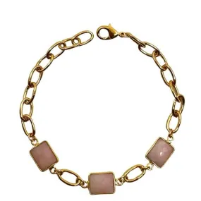 Semi Precious Bezel Set Rectangles on Plated Chain Bracelet: Pink Opal (BCG487PO)