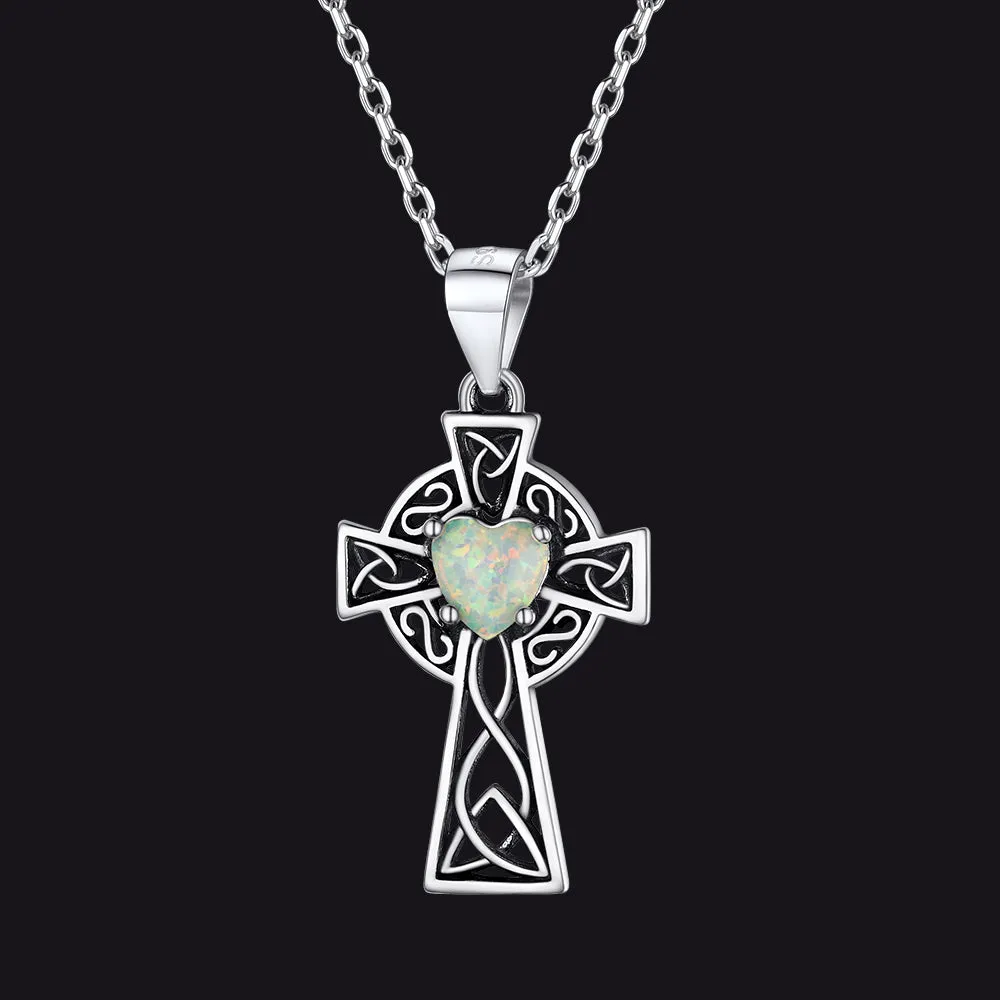 Silver Celtic Cross Pendant Necklace with Opal Heart For Women