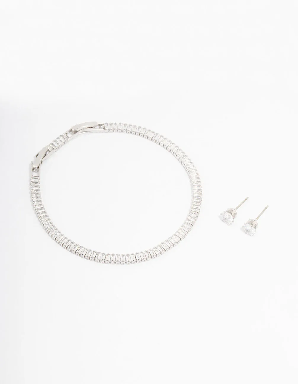 Silver Cubic Zirconia Baguette Tennis Bracelet & Earring Set