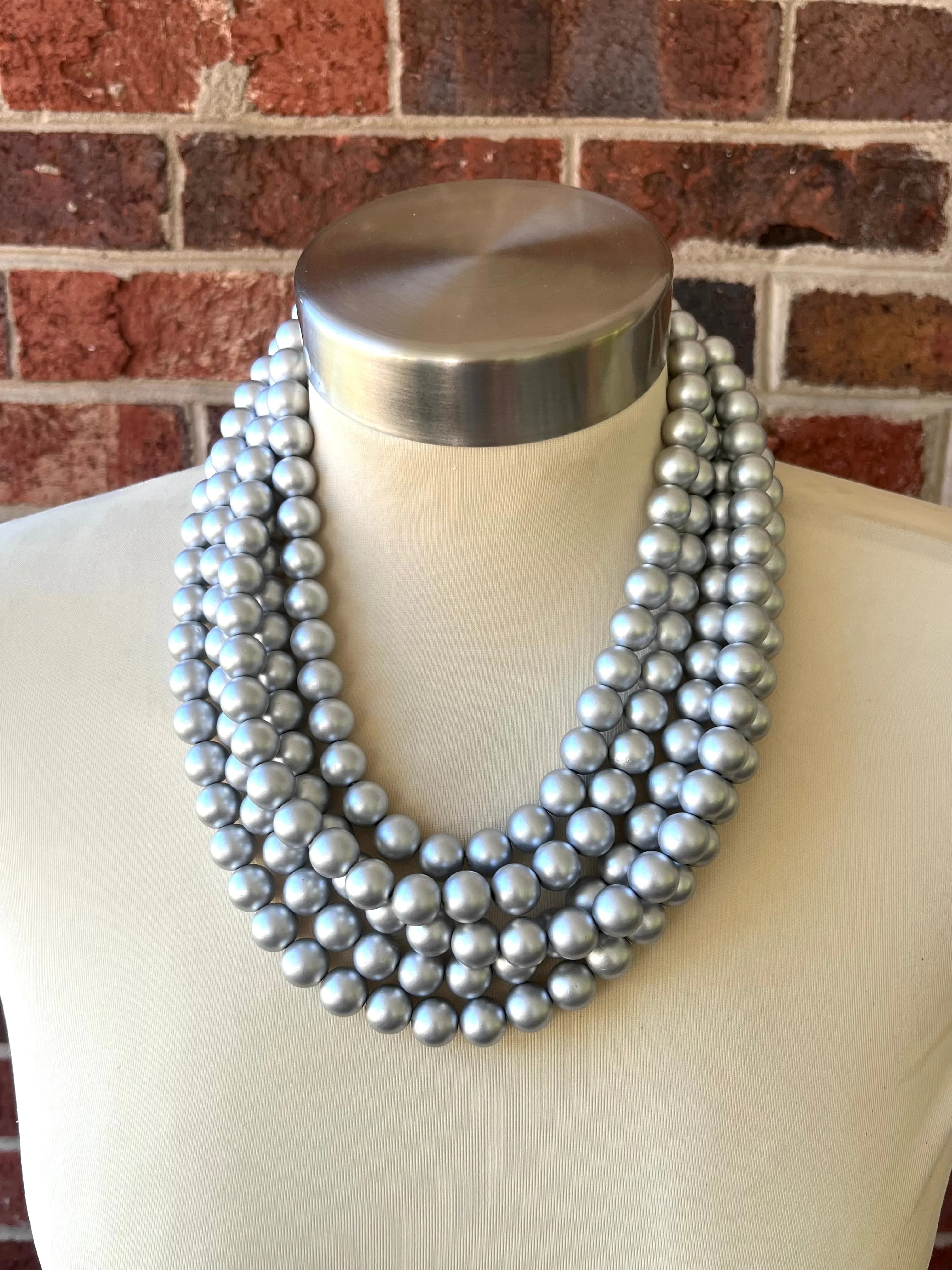 Silver Matte Acrylic Big Bead Chunky Lucite Statement Necklace - Alana