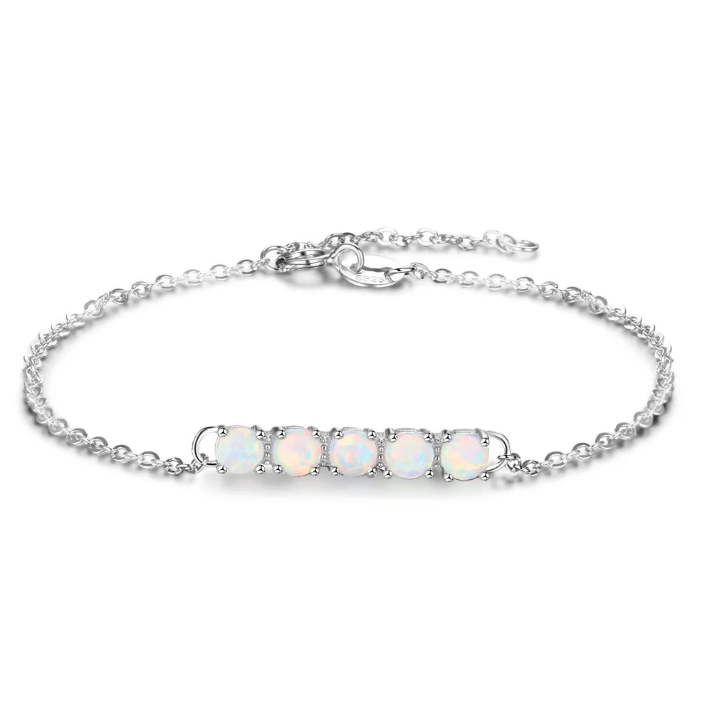 Single Row of Five Round Opal Steling Silver Bracelet