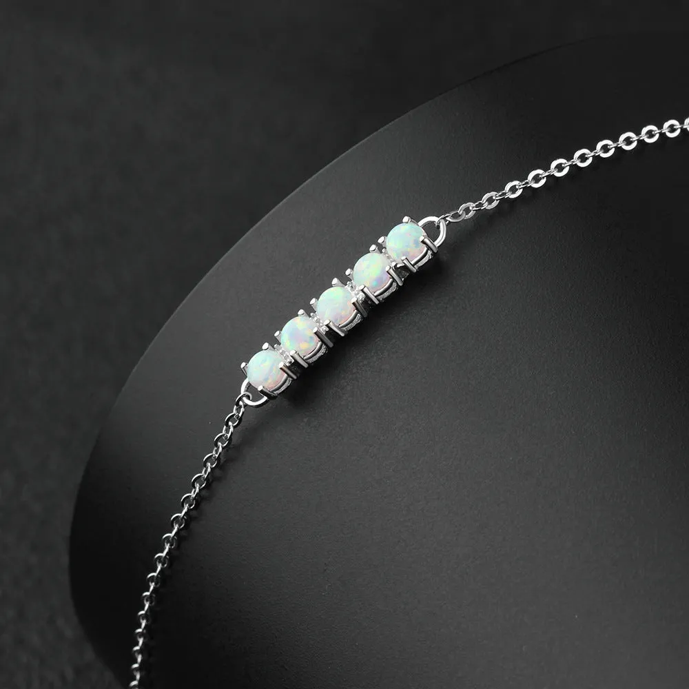 Single Row of Five Round Opal Steling Silver Bracelet